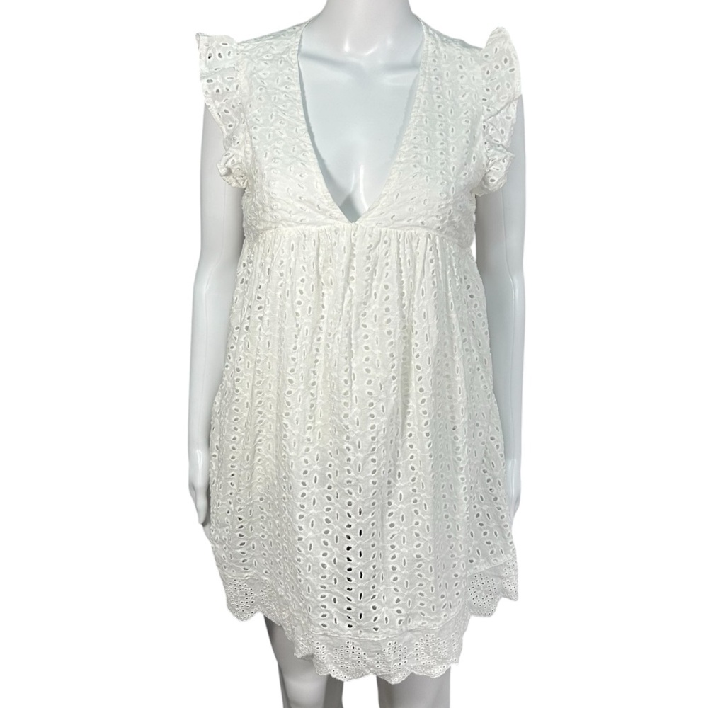 American Threads White Eyelet Mini dress M Cotton VNeck Keyhole Babydoll Boho
